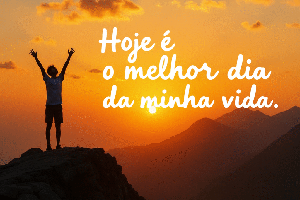 Jovem com braços erguidos sobre uma pedra ao pôr do sol, com montanhas ao fundo e a frase motivacional "Hoje é o melhor dia da minha vida" escrita em destaque.