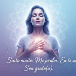 Mulher com olhos fechados e mãos sobre o peito, envolta por uma mandala suave em tons lavanda e azul claro. Ao centro, a frase: “Sinto muito. Me perdoe. Eu te amo. Sou grato(a).”