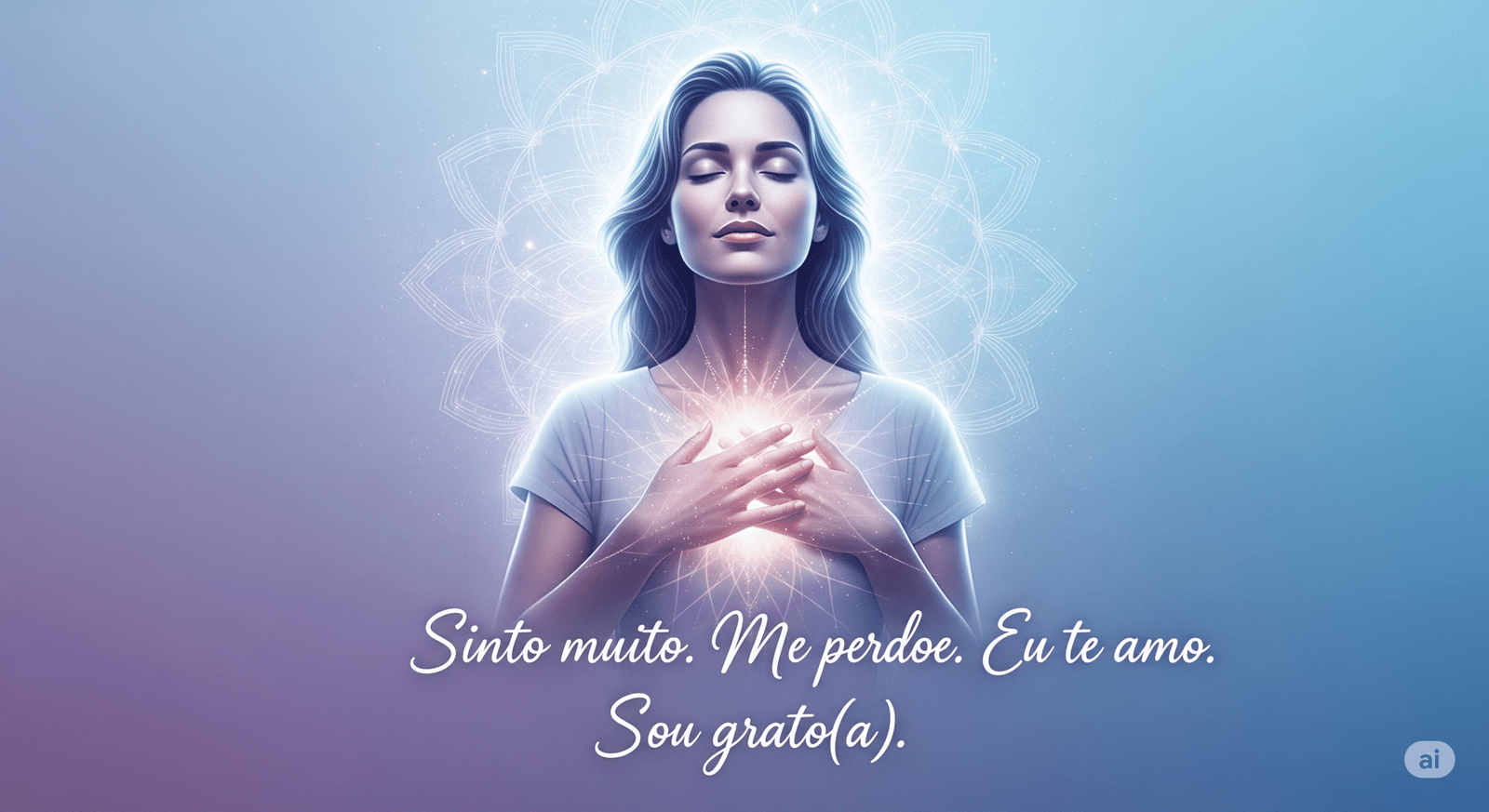 Mulher com olhos fechados e mãos sobre o peito, envolta por uma mandala suave em tons lavanda e azul claro. Ao centro, a frase: “Sinto muito. Me perdoe. Eu te amo. Sou grato(a).”