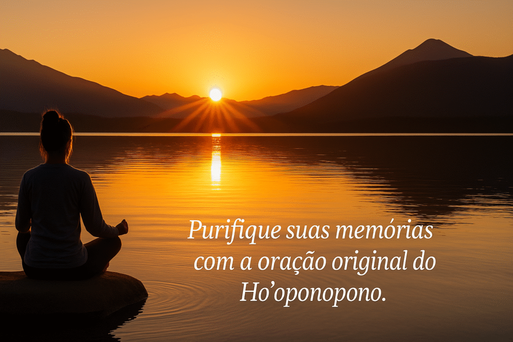 Pessoa meditando de costas diante de um lago tranquilo ao pôr do sol, com montanhas ao fundo e céu dourado. Sobre a imagem, lê-se: “Purifique suas memórias com a oração original do Ho'oponopono.”