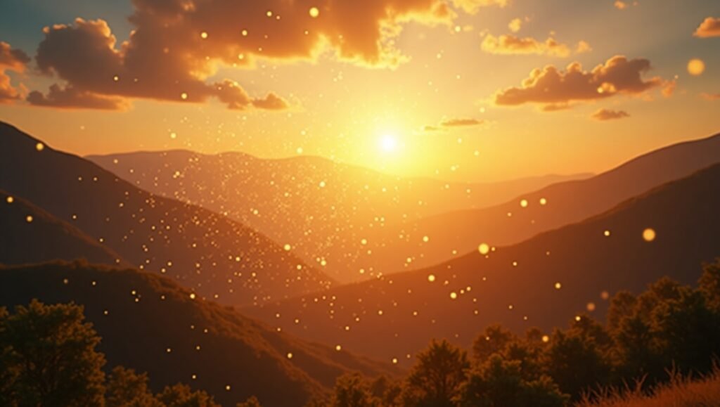 Pôr do sol brilhante sobre montanhas com partículas douradas flutuando no ar, criando uma atmosfera mágica e espiritual, simbolizando a energia da Lei da Atração.