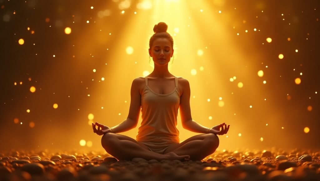 Mulher jovem meditando em posição de lótus, sentada sobre pedras, com os olhos fechados e iluminada por uma intensa luz dourada do alto, representando conexão espiritual, paz interior e manifestação de prosperidade pela Lei da Atração.