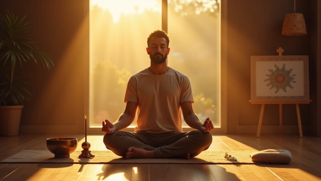 Jovem meditando em posição de lotus sentado proximo a uma janela